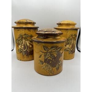 Vintage Holiday Designs USA Set 3 Ceramic Canisters Mustard Fruit 1970s AS IS